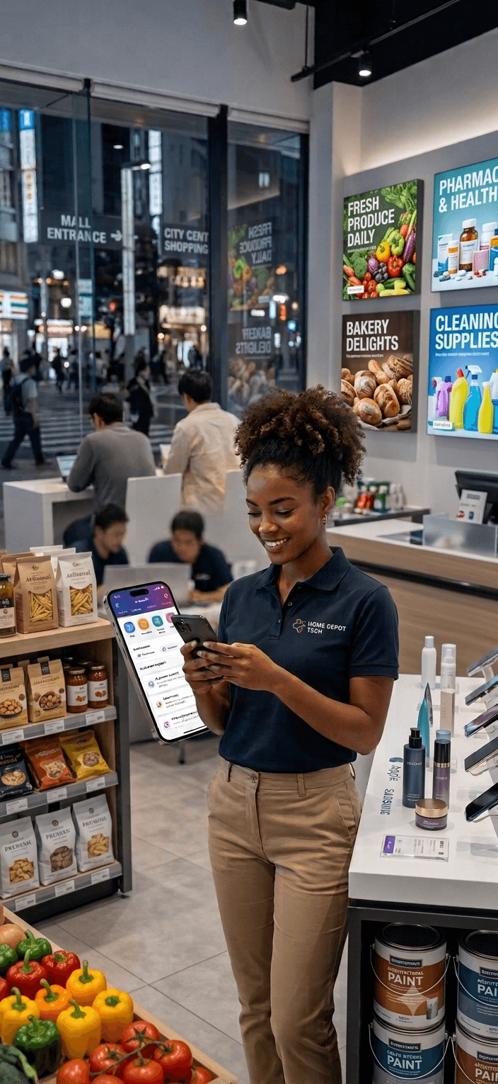 店舗スタッフが店頭でAIアプリの判断カードを確認している様子